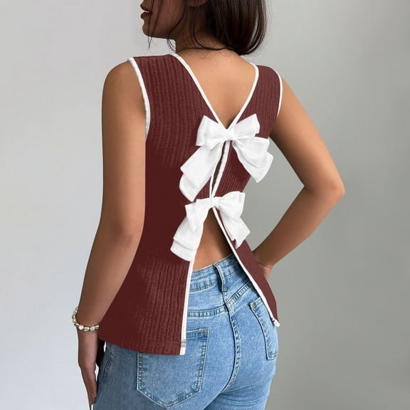 Fengqque Womens Double Bow Tie Back Tops Slim Fit Sleeveless Elastic Backless Shirts Fashionable Casual Top Wine L(L)