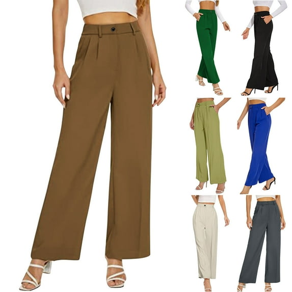 Fengqque Womens Elastic Waist Button High Waisted Loose Wide Leg Pants Work Business Pants Green 2(XS)