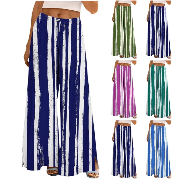 Fengqque Womens Fashion Casual Color Blocked Striped Printing Elastic Waist Drawstring Loose Wide Leg Pants Mint Green-C XL(XL)