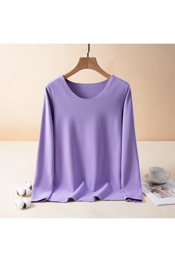 Womens Fashionable Solid Color Casual Double-sided Velvet Warm Round Neck Long Sleeved Lapel Top Purple XL(XL)
