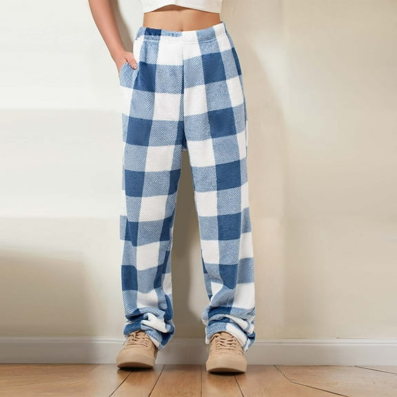Fengqque Womens Flannel Pajama Pants Comfy Fuzzy Cute Plaid Pants Soft Plush Warm Wide Leg Lounge Sleepwear with Pockets Blue 12(XXL)
