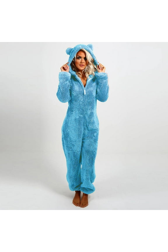 Womens Fleece Onesies Pajamas Jumpsuit Warm Sherpa Romper Sleepwear One Piece Zipper Hooded Playsuit Loungewear Sky Blue 8(L)