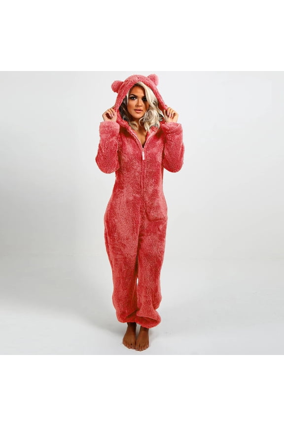 Womens Fleece Onesies Pajamas Jumpsuit Warm Sherpa Romper Sleepwear One Piece Zipper Hooded Playsuit Loungewear Watermelon Red 12(XXL)