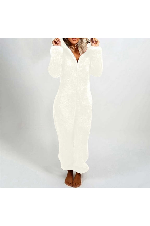 Womens Fleece Onesies Pajamas Jumpsuit Warm Sherpa Romper Sleepwear One Piece Zipper Hooded Playsuit Loungewear White 8(L)