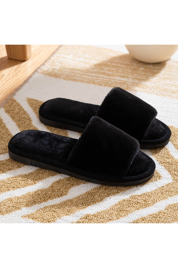 Womens Fuzzy Open-toe Slippers Thick Soled Anti Slip Soft Comfy Memory Foam Indoor House Shoes Women's Fuzzy Slippers Black 5.5(36)