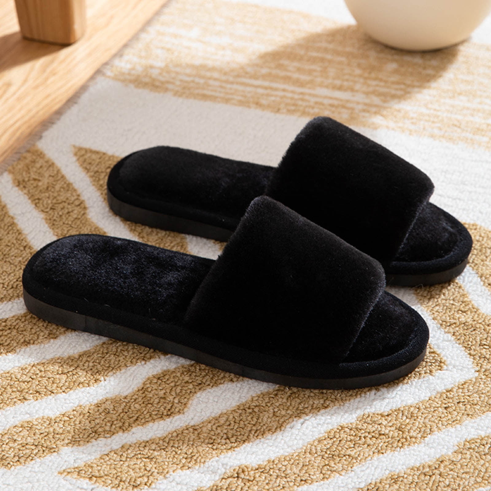 Fengqque Womens Fuzzy Open-toe Slippers Thick Soled Anti Slip Soft ...