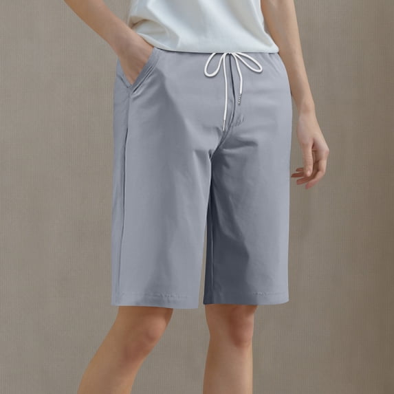 Fengqque Womens High Waisted Athletic Shorts Summer Stretch Loose Fitness Straight Leg Shorts with Pockets Women's Shorts Gray L(L)
