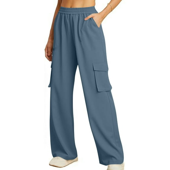 Fengqque Womens High Waisted Wide Leg Cargo Pants Baggy Casual Trendy Work Pants with Pockets Blue 6(M)