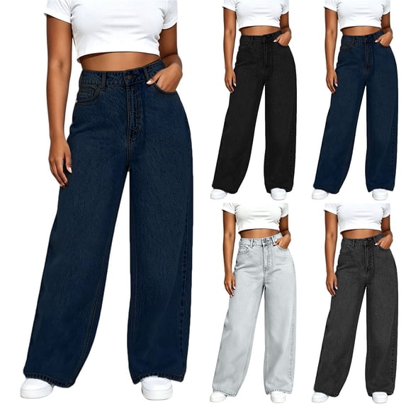 Fengqque Womens Jeans Baggy Stretchy High Waisted Denim Wide Leg Trouser Pants Trendy Loose Jean Light Blue XXS