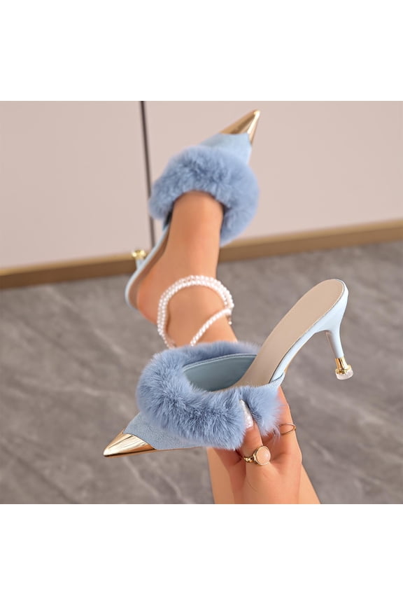 Womens Kitten Heels Mules Suede Plush Edge Slippers Slip on Closed Pointed Toe Dress Wedding Party Shoes Blue 9.5(43)
