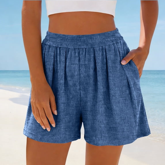 Fengqque Womens Knitted Shorts Elastic Waist Shorts High Waisted Wide Leg Beach Shorts with Pockets Blue XL(XL)