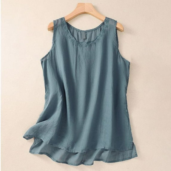 Fengqque Womens Linen-cotton Lace Edge Round Neck Tank Tops Summer Sleeveless Side Slit Loose Fit Tops Tanks Blue XXXL(XXXL)