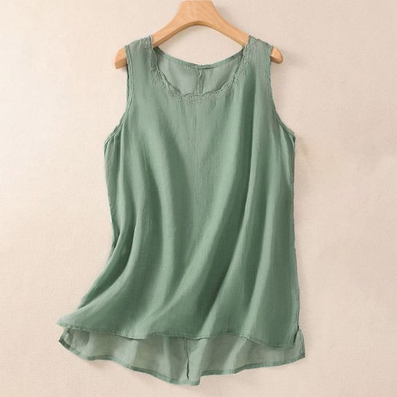 Fengqque Womens Linen-cotton Lace Edge Round Neck Tank Tops Summer Sleeveless Side Slit Loose Fit Tops Tanks Green M(M)