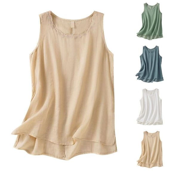 Fengqque Womens Linen-cotton Lace Edge Round Neck Tank Tops Summer Sleeveless Side Slit Loose Fit Tops Tanks White XL(XL)