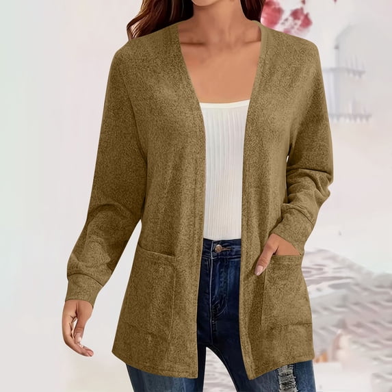 Fengqque Womens Long Sleeve Open Front Cardigan Casual V-Neck Knit Sweater Outerwear with Pockets Khaki XXXXXL(XXXXXL)