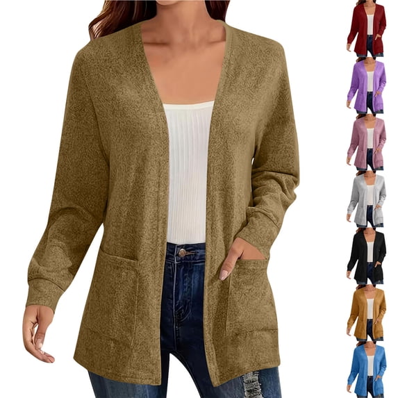 Fengqque Womens Long Sleeve Open Front Cardigan Casual V-Neck Knit Sweater Outerwear with Pockets Red XL(XL)