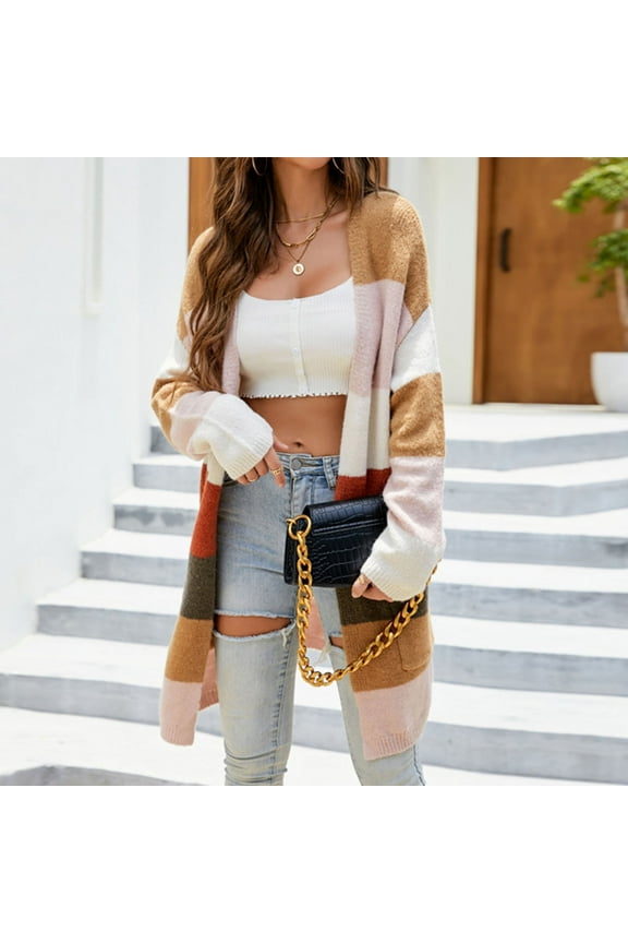 Womens Long Sleeve Stripe Patchwork Sweater Knitted Pocket Long Cardigan