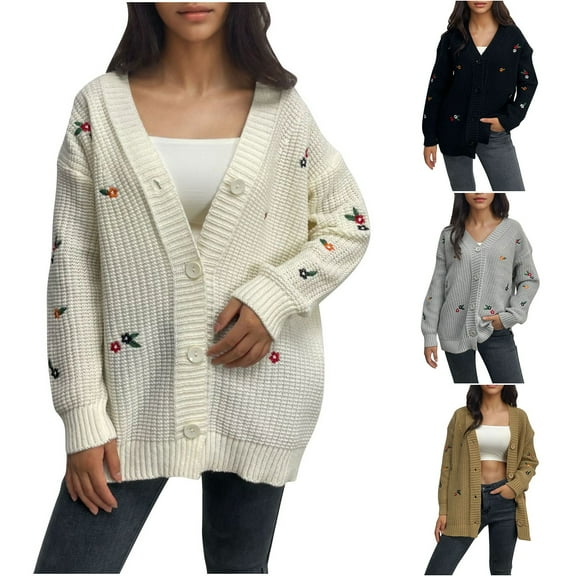 Fengqque Womens Long Sleeve Sweaters Embroidered Fall Trendy V Neck Knit Drop Shoulder Pullover Sweater Tops White 10(XL)