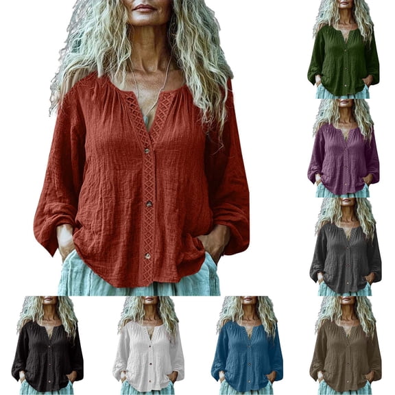 Fengqque Womens Long Sleeve V-neck Tops Cotton Linen Shirts Casual Loose Fit Blouses Boho Fashion White XL(XL)