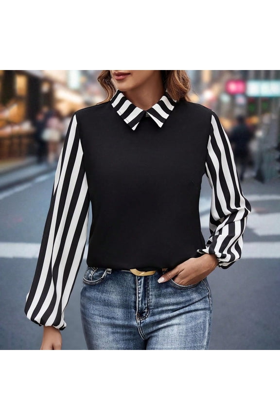 Womens Long Sleeves Lapel Striped Shirt Leisure Fashion Waist Cinching Loose Top Black L(L)