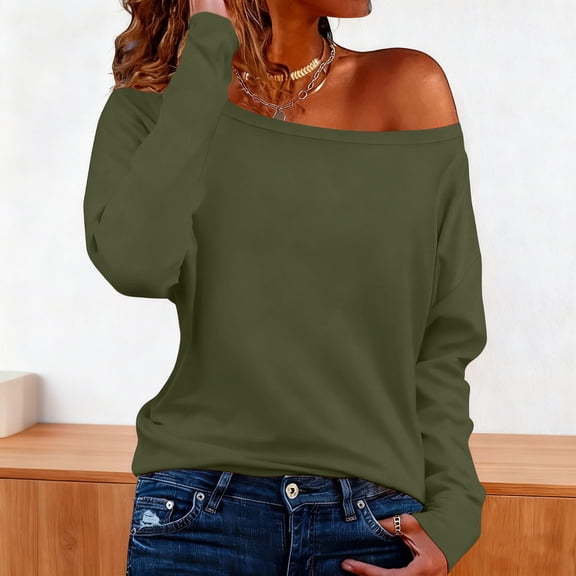 Fengqque Womens Long Sleeves Sloping Shoulders off-shoulder T-shirt Top Solid Color Loose Casual T-shirt Army Green XL(XL)