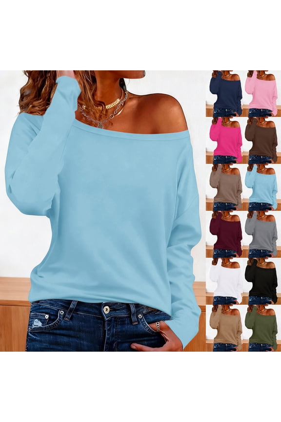 Womens Long Sleeves Sloping Shoulders off-shoulder T-shirt Top Solid Color Loose Casual T-shirt White XL(XL)