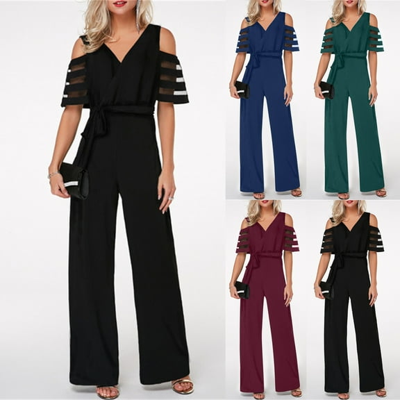 Fengqque Womens Loose Mesh Short Sleeve Belted Wide Leg Pant Romper Jumpsuit Casual Business One Piece Outfits Wine 10(XL)