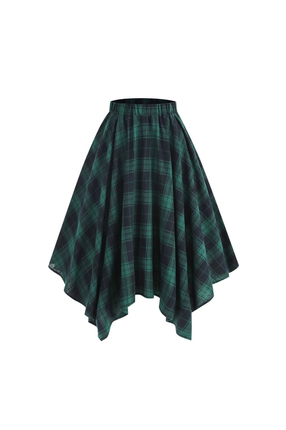 Womens Mini Skirt Casual High Waist A-Line Elastic Waist Irregular Hemline Plaid Ruffle Skirt Green XL(XL)