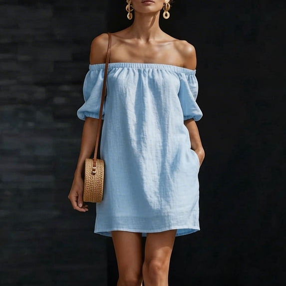 Fengqque Womens Mini Skirt Spring Summer Dresses off the Shoulder Ruffle Short Sleeve Beach Vacation Clothes Dresses Blue M(M)