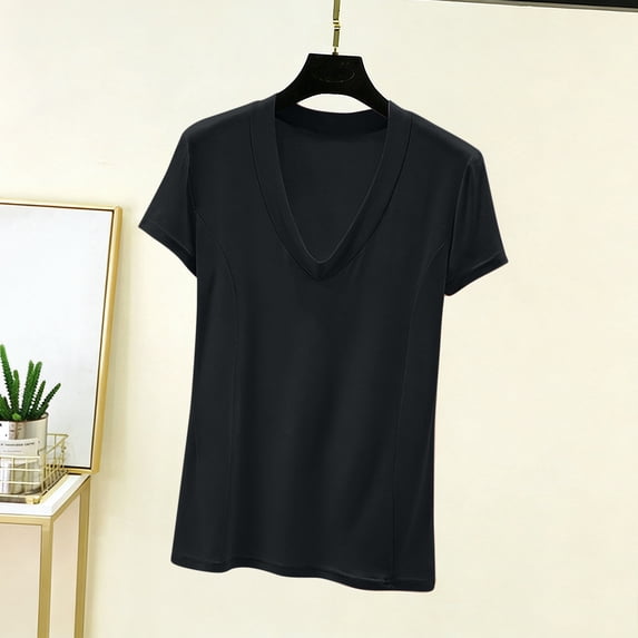 Fengqque Womens Modal T Shirts Short Sleeve V Neck Loose Breathable Plus Size Summer Tops Black M(M)