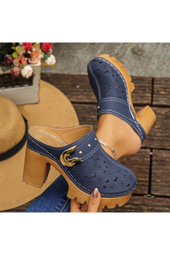 Womens Mules Pumps Round-toe Shoes Closed Toe Slip-on Heels Chunky Block Heel Backless Clogs Lug Sole High Heels Navy 9(42)
