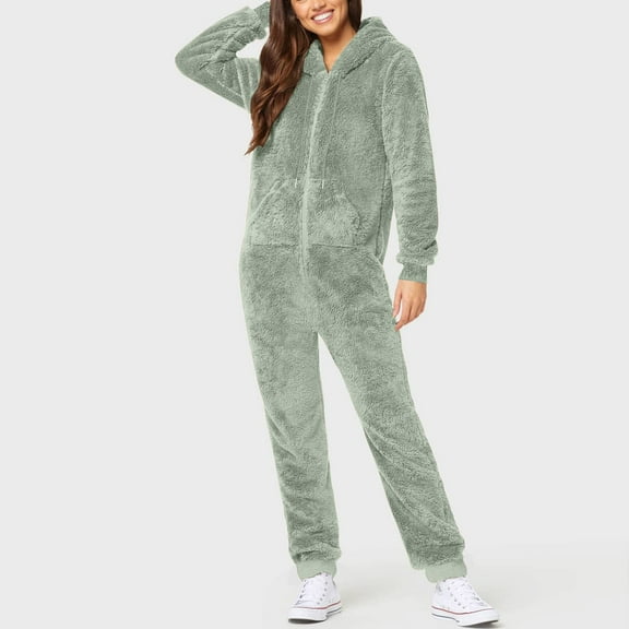 Fengqque Womens Onesies Pajamas One Piece Hooded Adult Pajama Jumpsuit Winter Fuzzy Sleepwear with Hat Rope Green 10(XL)