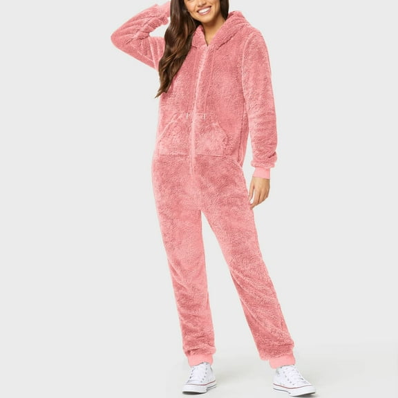 Fengqque Womens Onesies Pajamas One Piece Hooded Adult Pajama Jumpsuit Winter Fuzzy Sleepwear with Hat Rope Pink 10(XL)