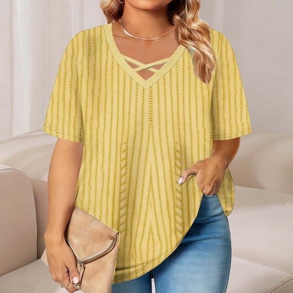 Fengqque Womens Oversized T-Shirts Summer Criss Cross V Neck Printed Shirts Short Sleeve Workout Tunic Tops Women's T-Shirts Beige-B XXL(XXL)