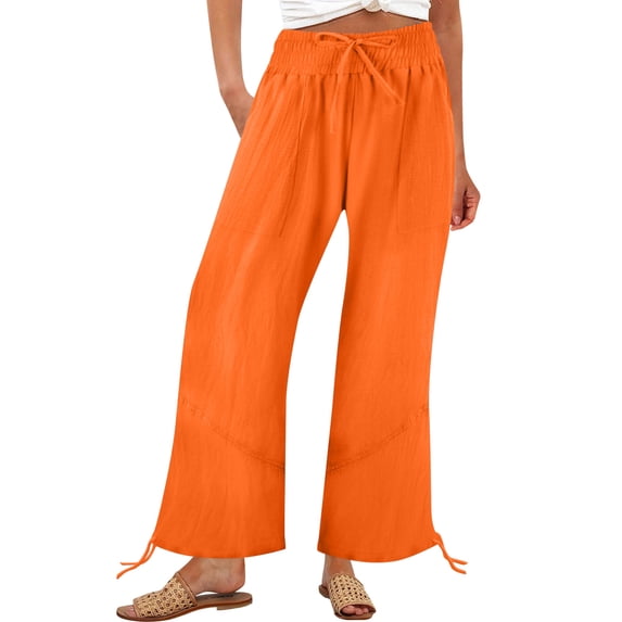 Fengqque Womens Pants Wide Leg drawstring Plus Size High Waisted Wide Leg Palazzo Pants Orange M(M)