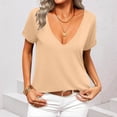 thumbnail image 1 of Fengqque Womens Plus Size Summer T Shirts V-neck Rolled Edge Short Sleeve Solid Color Loose Casual Waist-cinching T-shirt Women's Tops Khaki XL(XL), 1 of 5