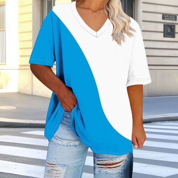 Fengqque Womens Plus Size Summer T Shirts Womens Oversized Tshirts V Neck Short Sleeve Color Blocking Tops Summer Casual Loose Fit Tunic Tee Shirt Women's Tops Blue XXXL(XXXL)