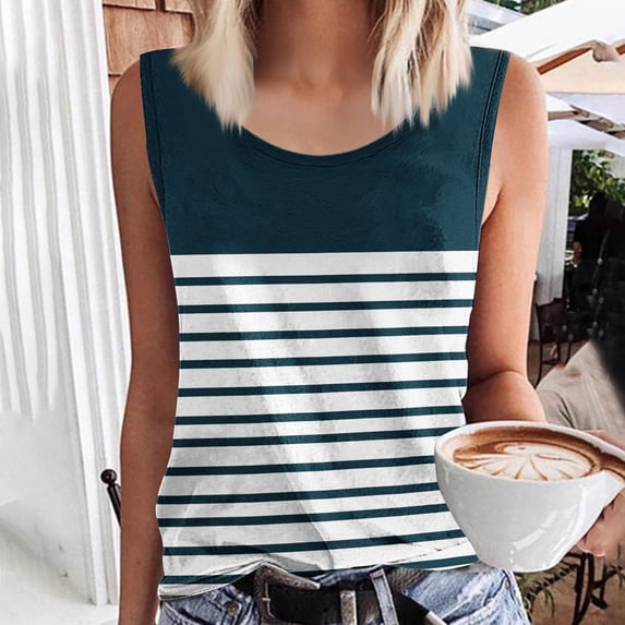 Fengqque Womens Round Neck Tank Tops Summer Sleeveless Tops Loose Striped Shirts Womens Camisole Navy-A S(S)