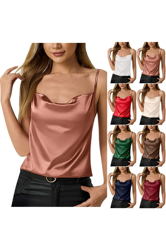 Womens Satin Tank Top Draped Neckline Spaghetti Strap Camisole Slim Fit Sleeveless Blouses Tank Shirt White XL(XL)