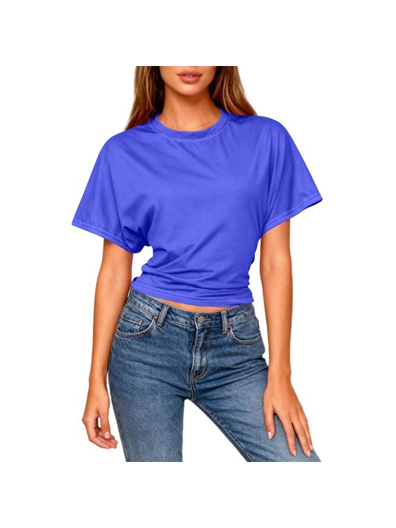 Womens Short Batwing Sleeve Solid Color Shirt Crew Neck Tops Loose Fit Waist-cinching Tee Blue-A M(M)