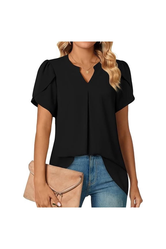 Womens Short Sleeve Henley Tops V Neck Casual Petal Sleeve Summer Spring Short Sleeve V Neck Shirts Work Business Vacation Clothes Women's Tops Black XL(XL)