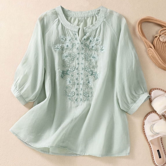 Fengqque Womens Short Sleeve Henley Tops V Neck,Half Sleeve V-neck Embroidery Solid Color Casual Loose Basic T Shirt Women's Tops Green XL(XL)