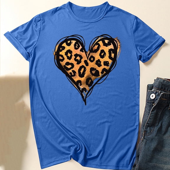 Fengqque Womens Short Sleeve Round Neck Heart Print Loose T-shirt Casual and Fashionable Tops and Shirts Blue 12(XXL)