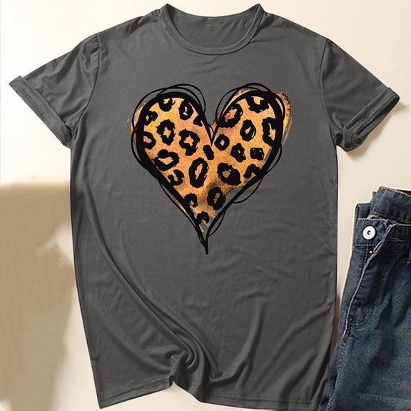 Fengqque Womens Short Sleeve Round Neck Heart Print Loose T-shirt Casual and Fashionable Tops and Shirts Dark Gray 6(M)