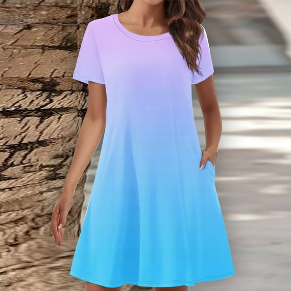 Fengqque Womens Short Sleeve Sundress Summer Loose Fit T-Shirt Dress Crew Neck Plus Size Swing Dresses Light Blue-A 4(S)