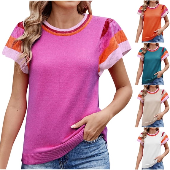 Fengqque Womens Short Sleeve Sweaters Tops Summer Ruffle Striped Loose Crew Neck Lightweight Soft Shirts Knit Sweater White XL(XL)