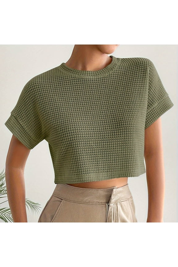 Womens Short Sleeve T Shirts Summer Crop Tops Round Neck Pineapple Grid Loose Casual Women's T-shirt Army Green L(L)