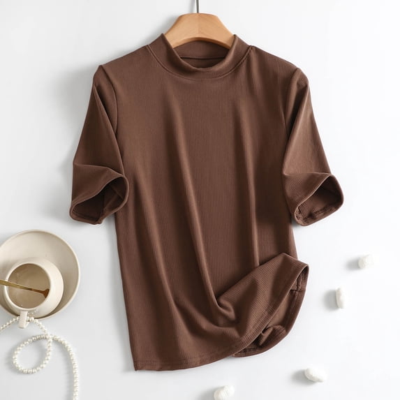 Fengqque Womens Short Sleeve Tops Summer T Shirts Knitted Rib Round Neck Causal Fashion Basic Tee Brown L(L)