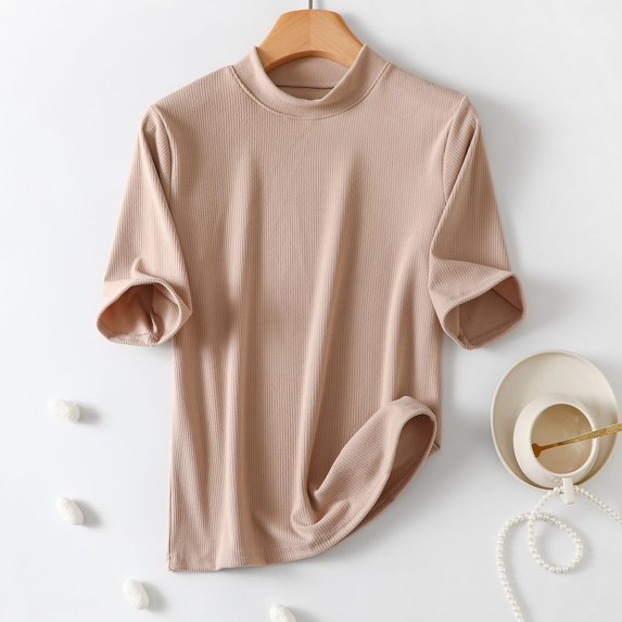 Fengqque Womens Short Sleeve Tops Summer T Shirts Knitted Rib Round Neck Causal Fashion Basic Tee Coffee L(L)