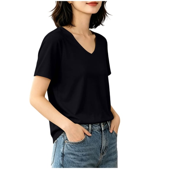 Fengqque Womens Short Sleeve Tops V Neck Summer T Shirt Casual Basic Tees Solid Color Trendy Tops Black XL(XL)